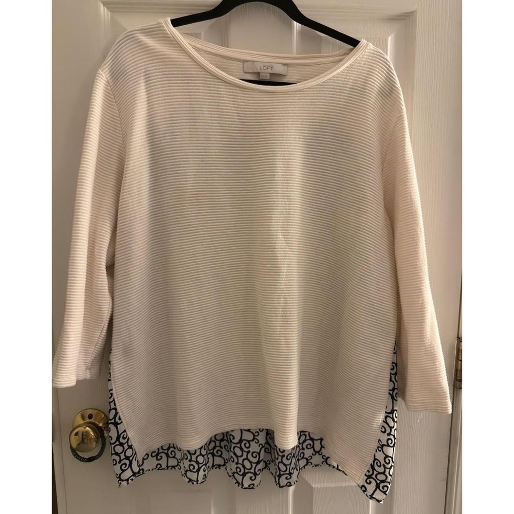 LOFT Tunic Top Womens XXL Cream Black Mixed Media 3/4‎ Sleeve Ribbed Pattern